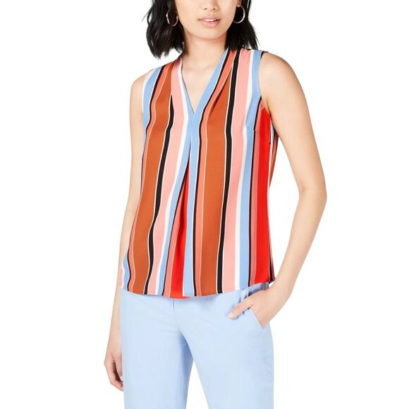 Bar III Blouse Sleeveless V Neck Inverted Pleat Multicolor Lightweight Polyester - Picture 1 of 8